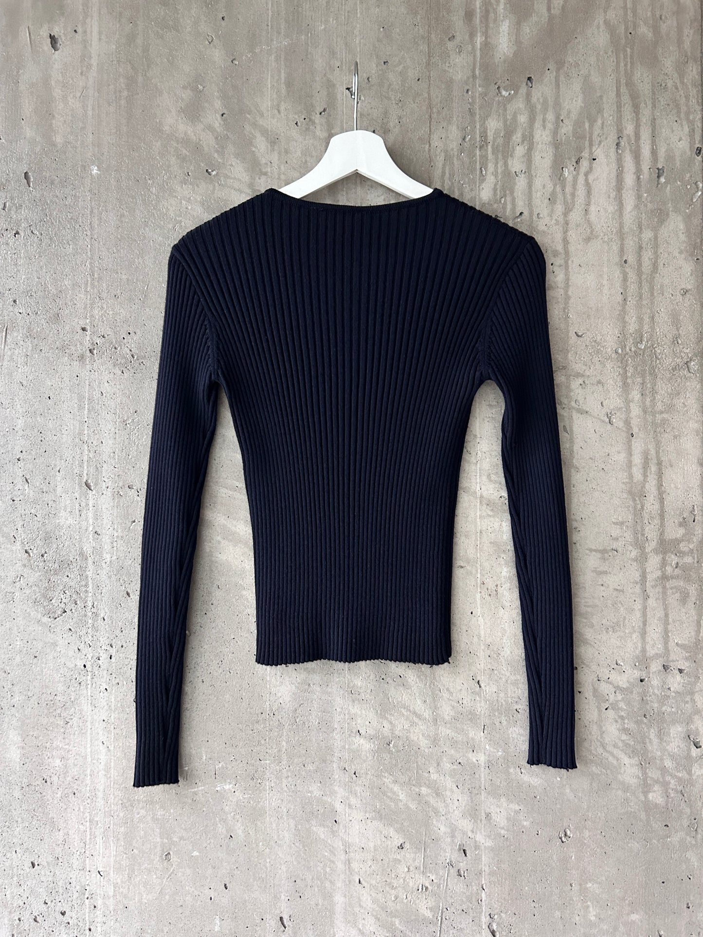 DKNY navy blue wool rib knit long sleeve top