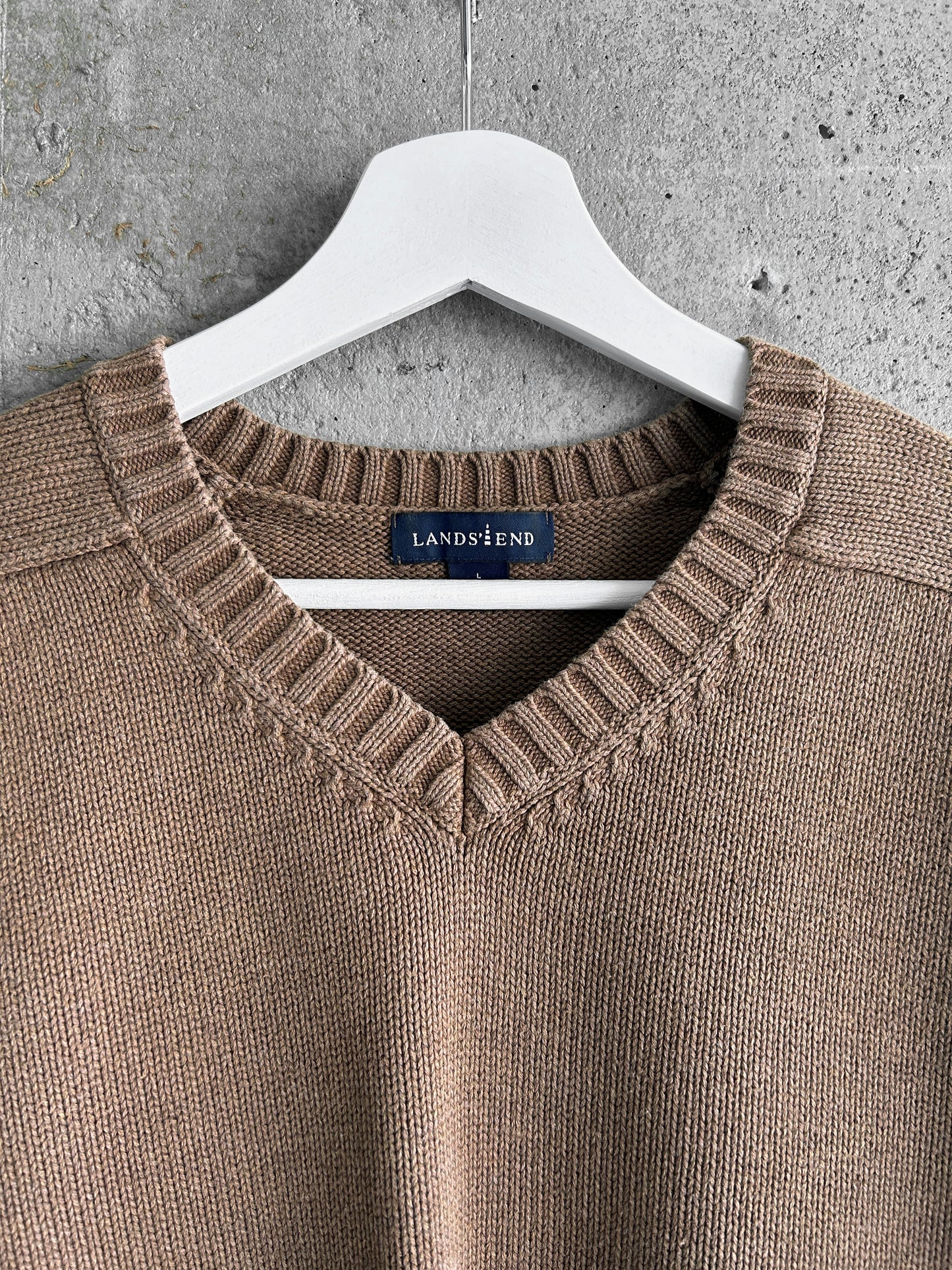 Land's End tan brown cotton knit v-neck sweater