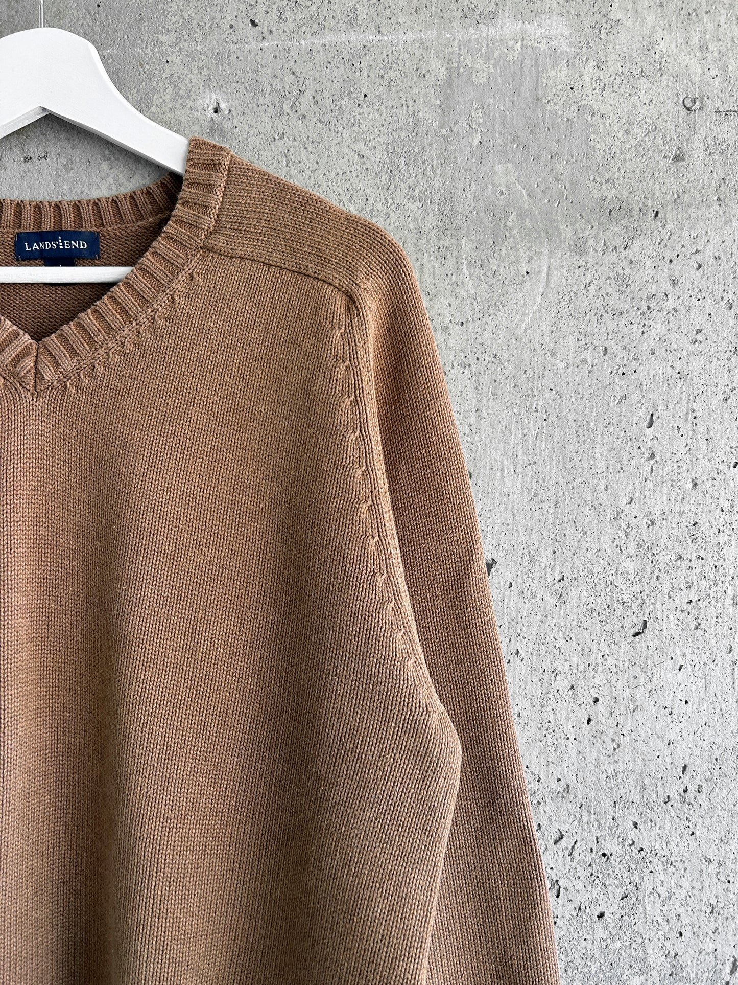 Land's End tan brown cotton knit v-neck sweater