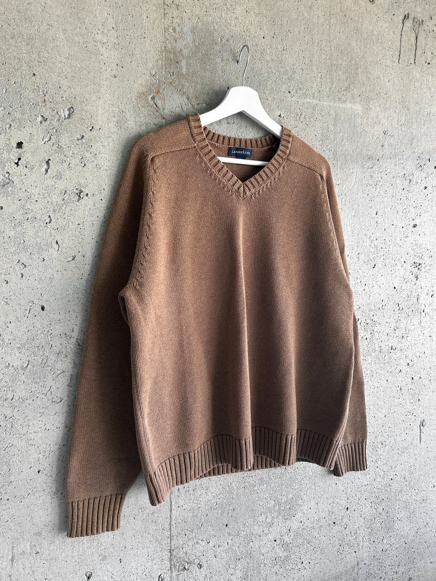 Land's End tan brown cotton knit v-neck sweater