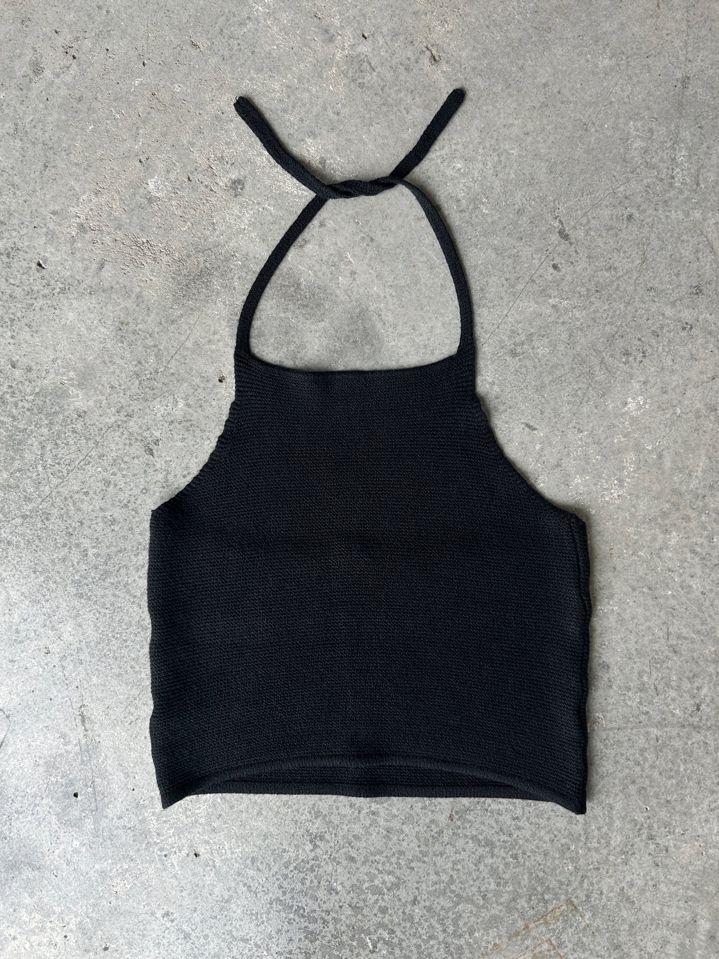 Black cotton-blend knit halter neck tank top