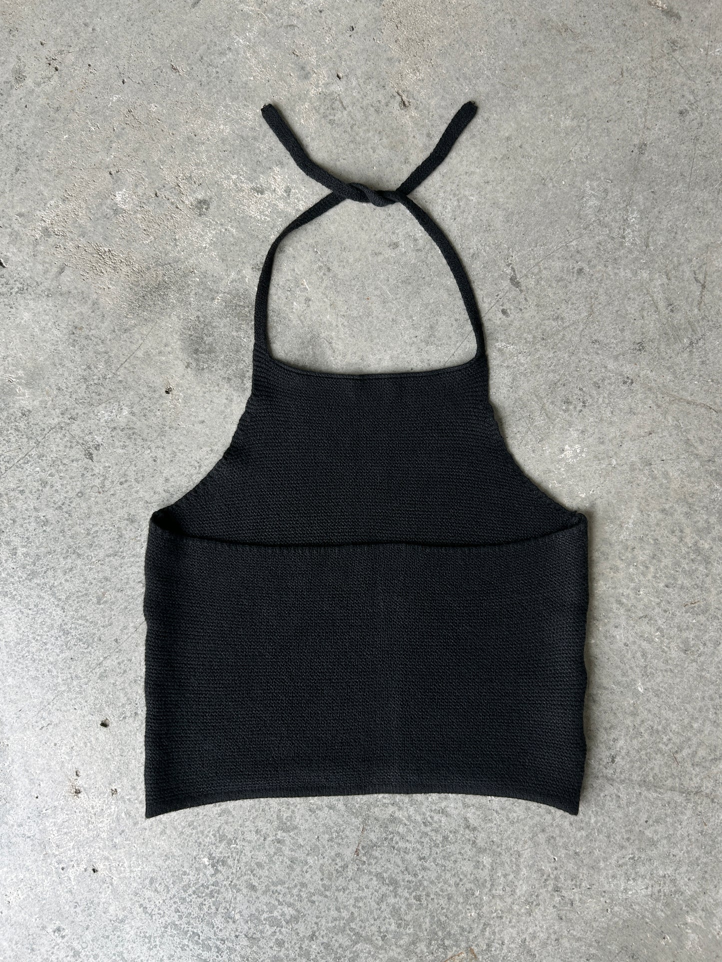 Black cotton-blend knit halter neck tank top