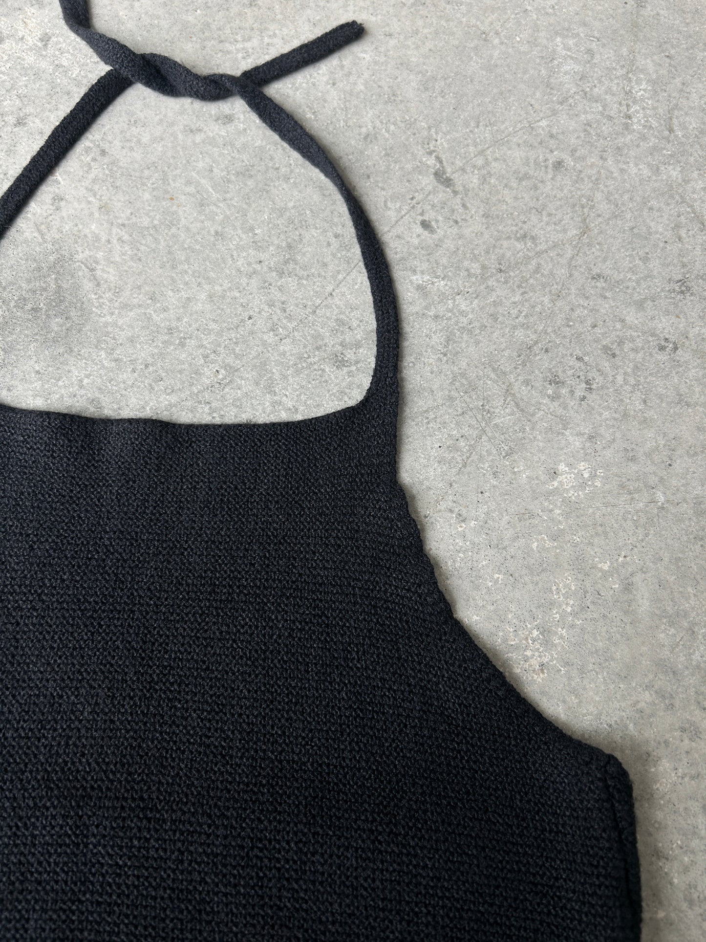 Black cotton-blend knit halter neck tank top