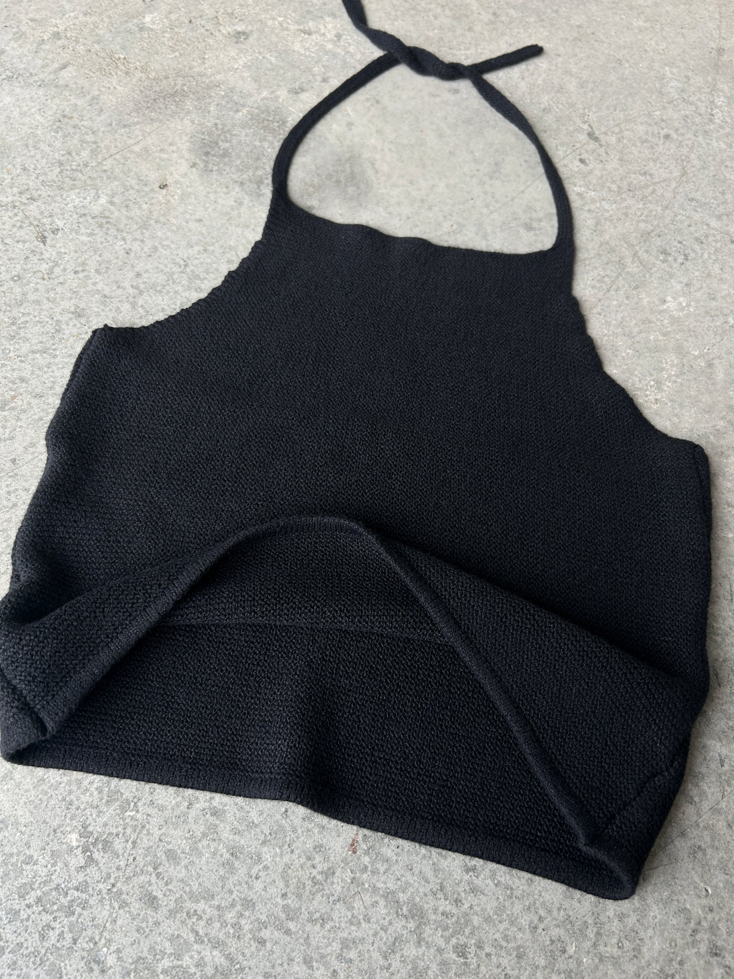 Black cotton-blend knit halter neck tank top
