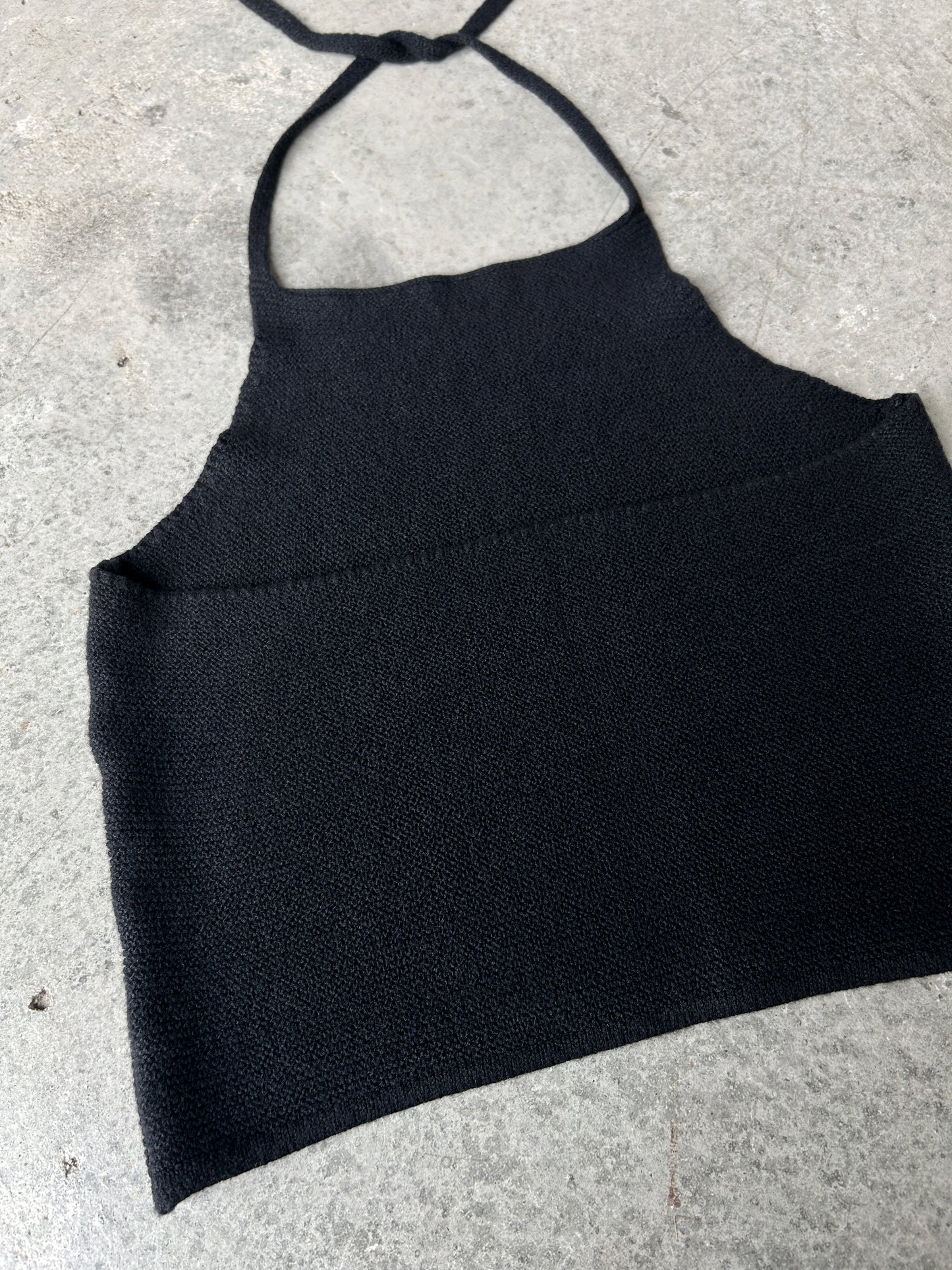 Black cotton-blend knit halter neck tank top