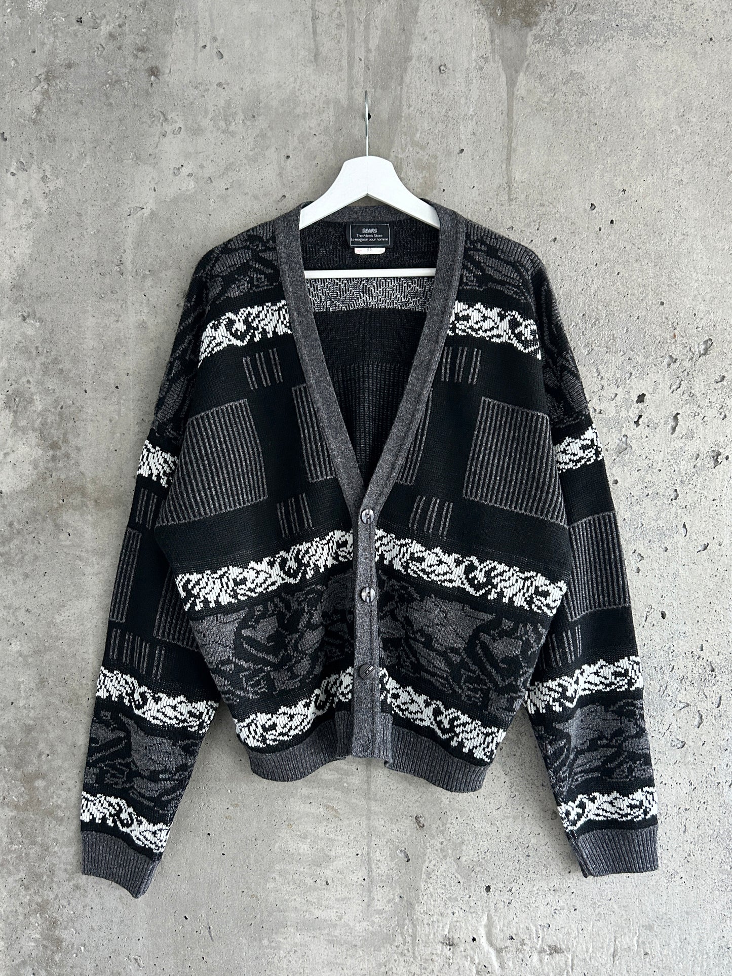 Sears black, grey, and white graphic knit cardigan