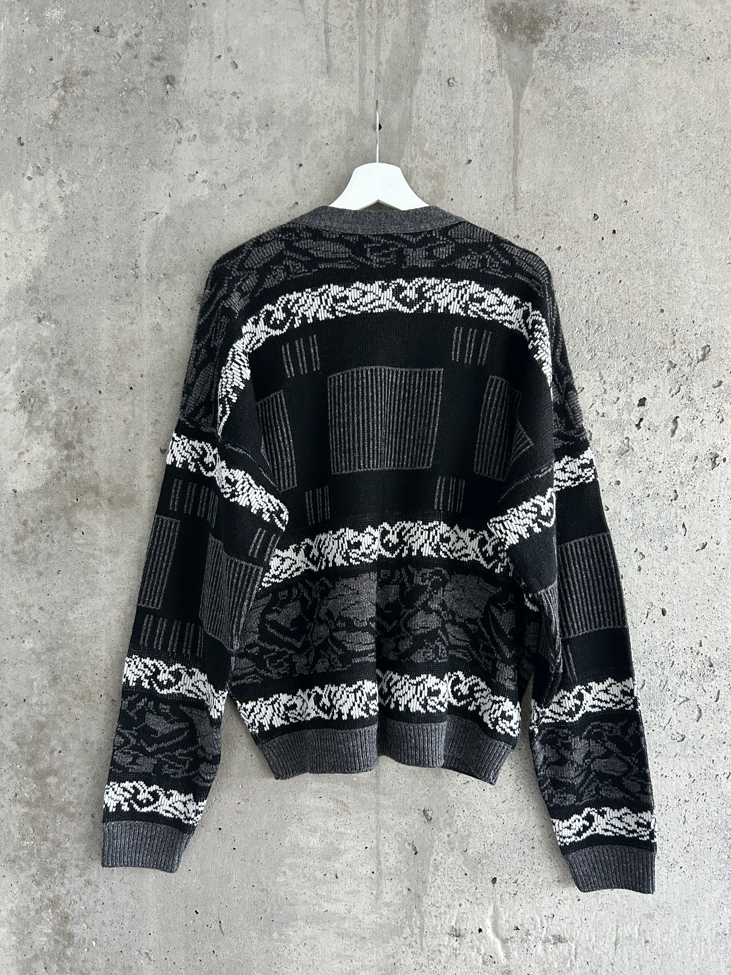 Sears black, grey, and white graphic knit cardigan