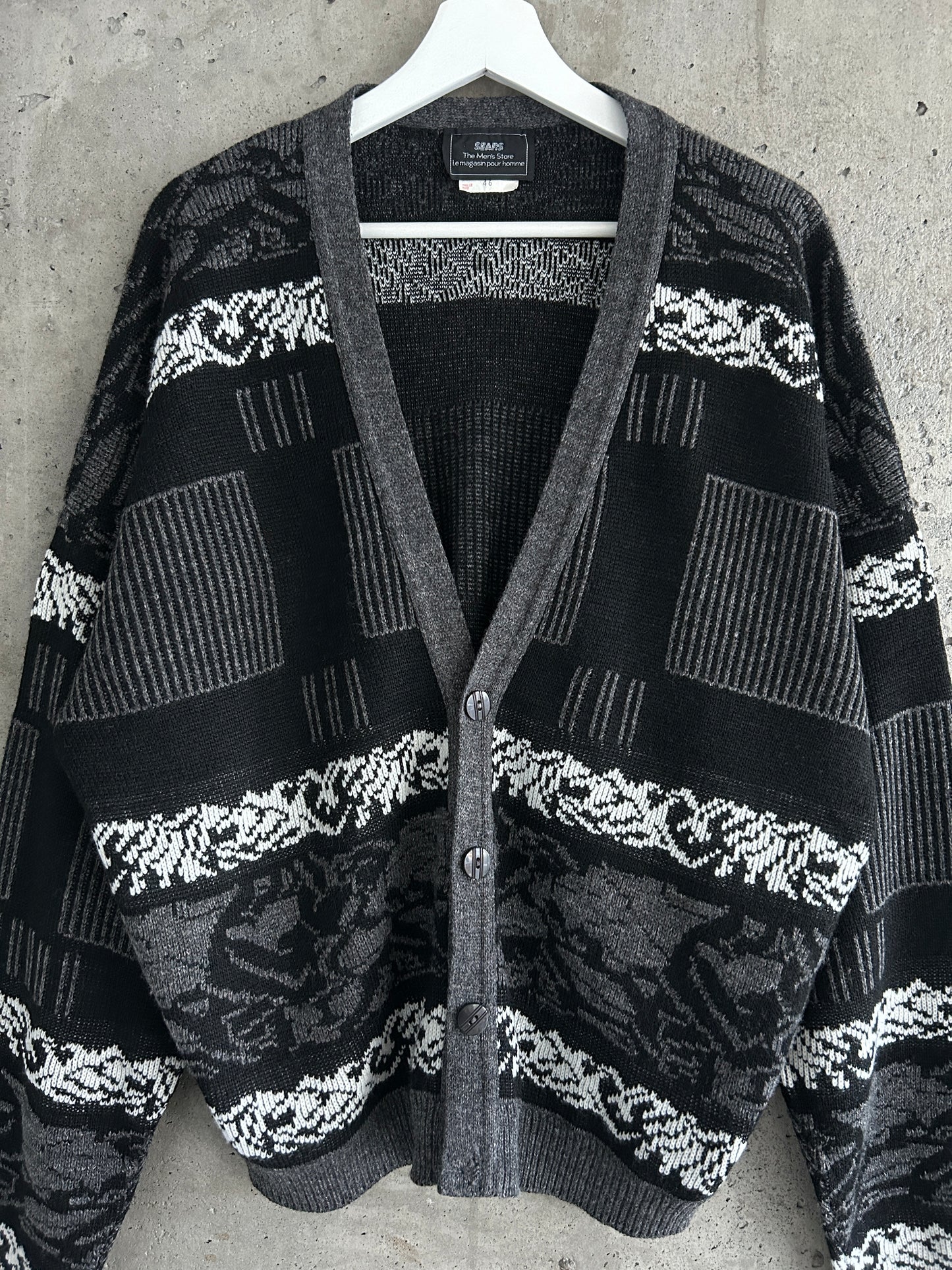 Sears black, grey, and white graphic knit cardigan
