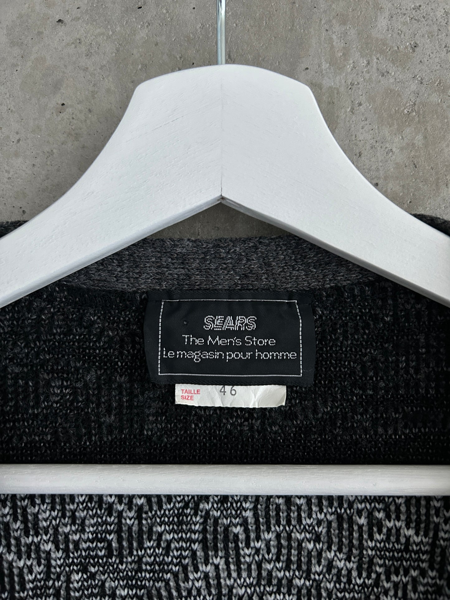 Sears black, grey, and white graphic knit cardigan