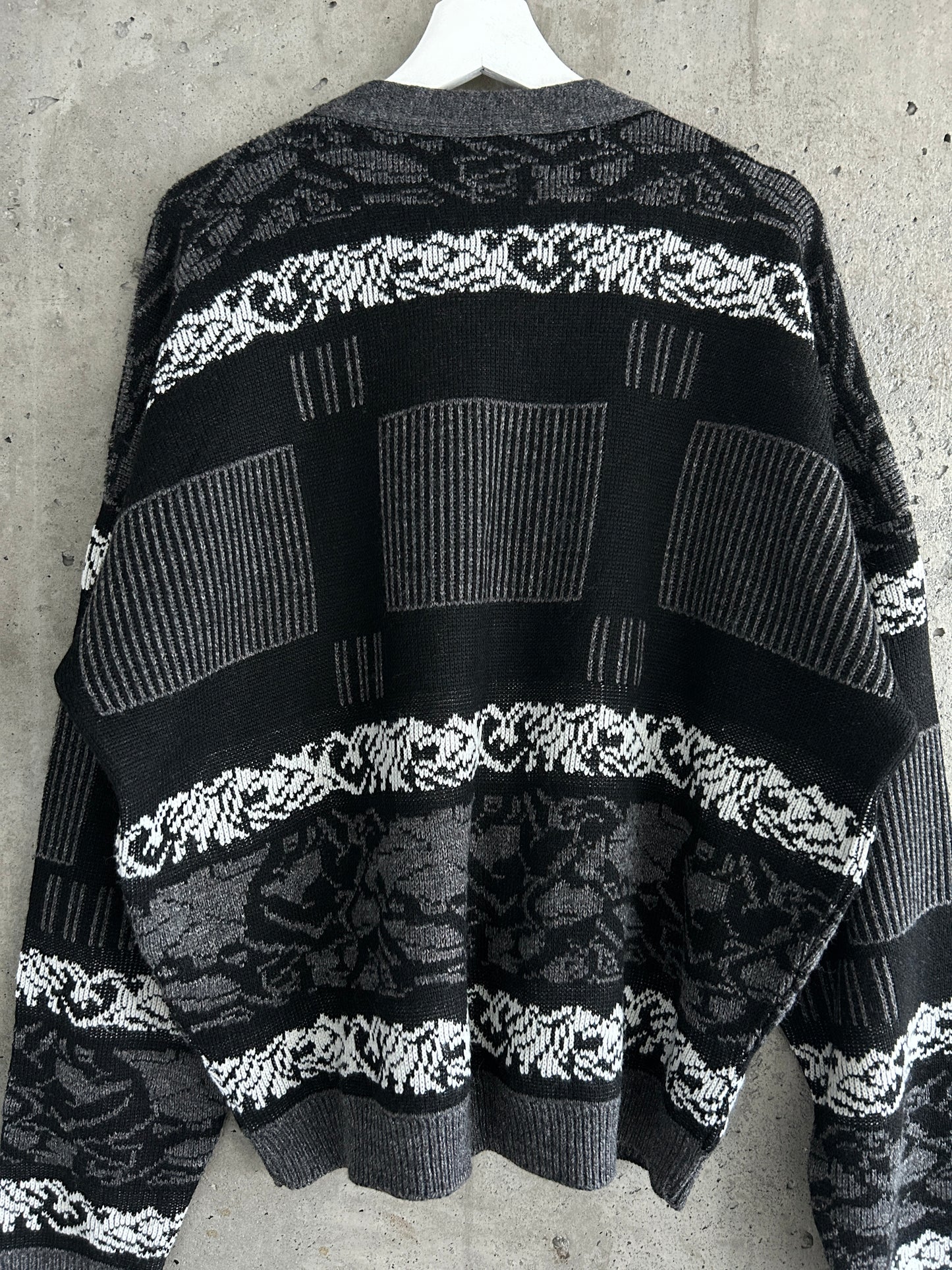 Sears black, grey, and white graphic knit cardigan