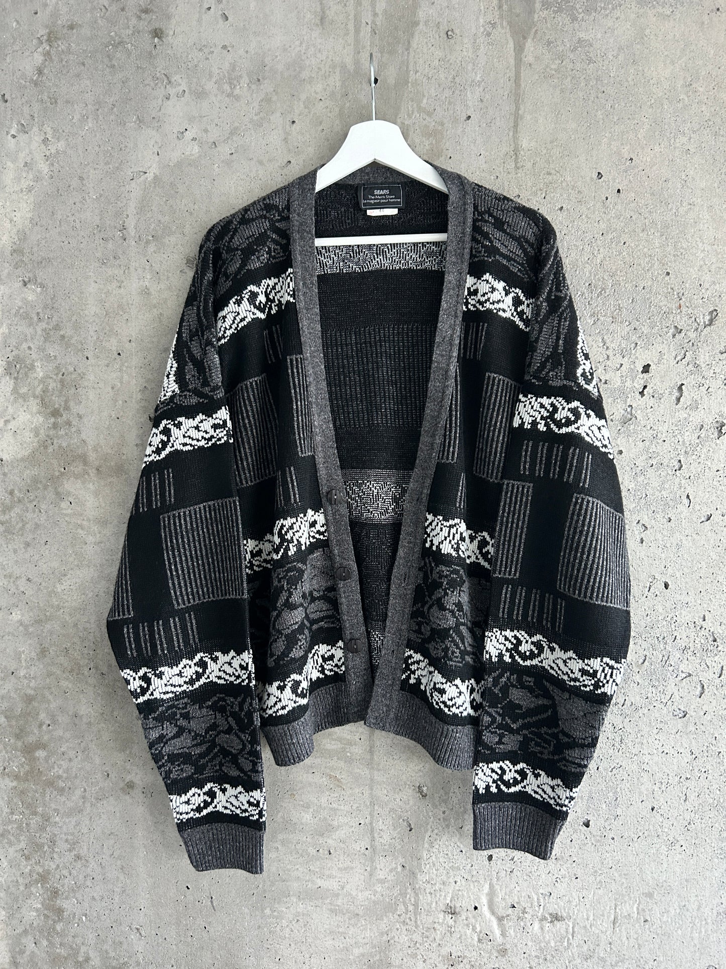 Sears black, grey, and white graphic knit cardigan