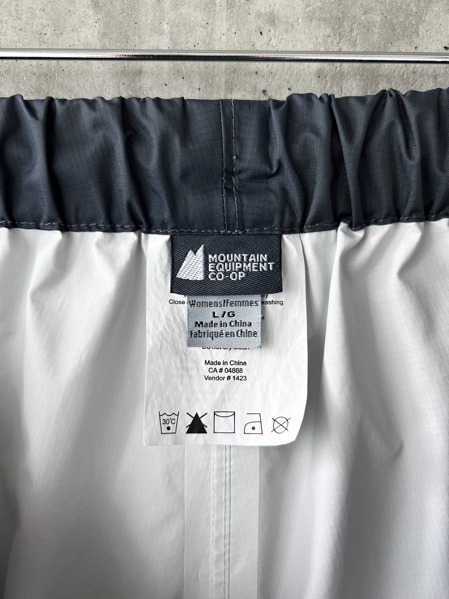 Mountain Equipment Co-Op grey nylon seam-sealed pants