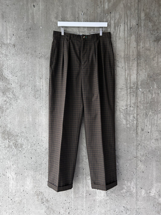 Tommy Hilfiger brown wool plaid pleated cuffed trousers