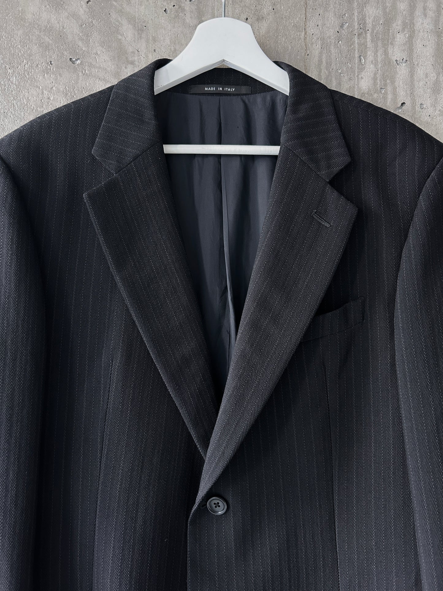 Armani Collezioni black wool pinstriped suit jacket / blazer