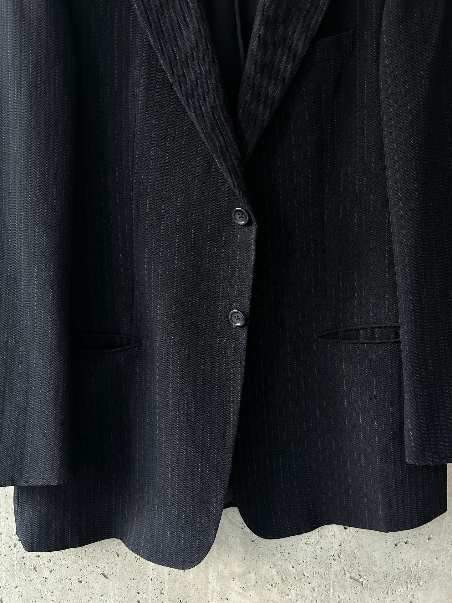 Armani Collezioni black wool pinstriped suit jacket / blazer