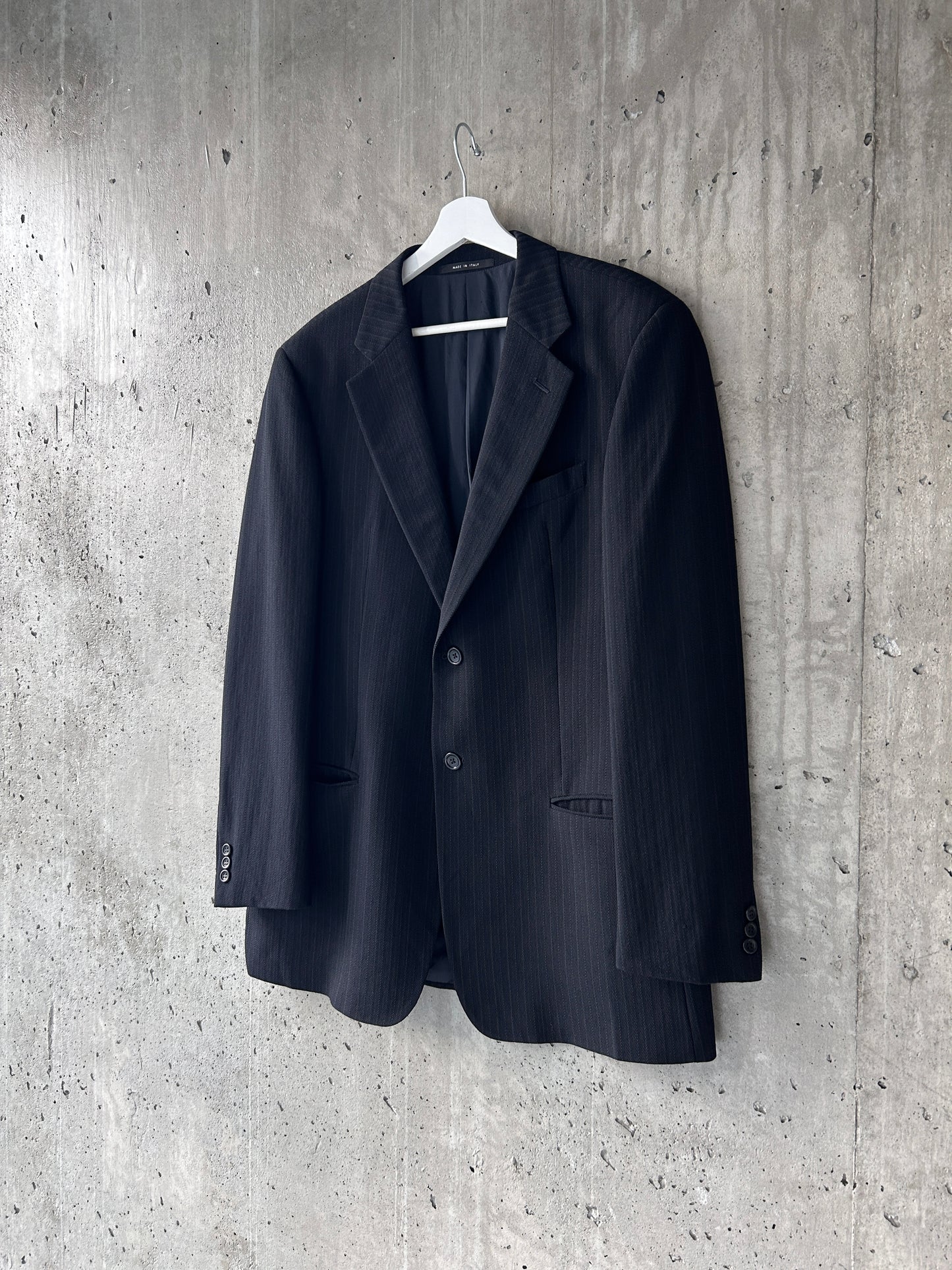 Armani Collezioni black wool pinstriped suit jacket / blazer