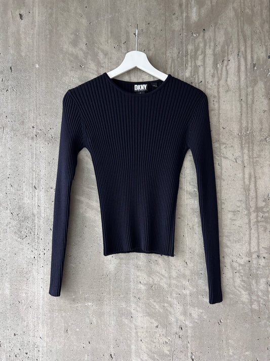 DKNY navy blue wool rib knit long sleeve top