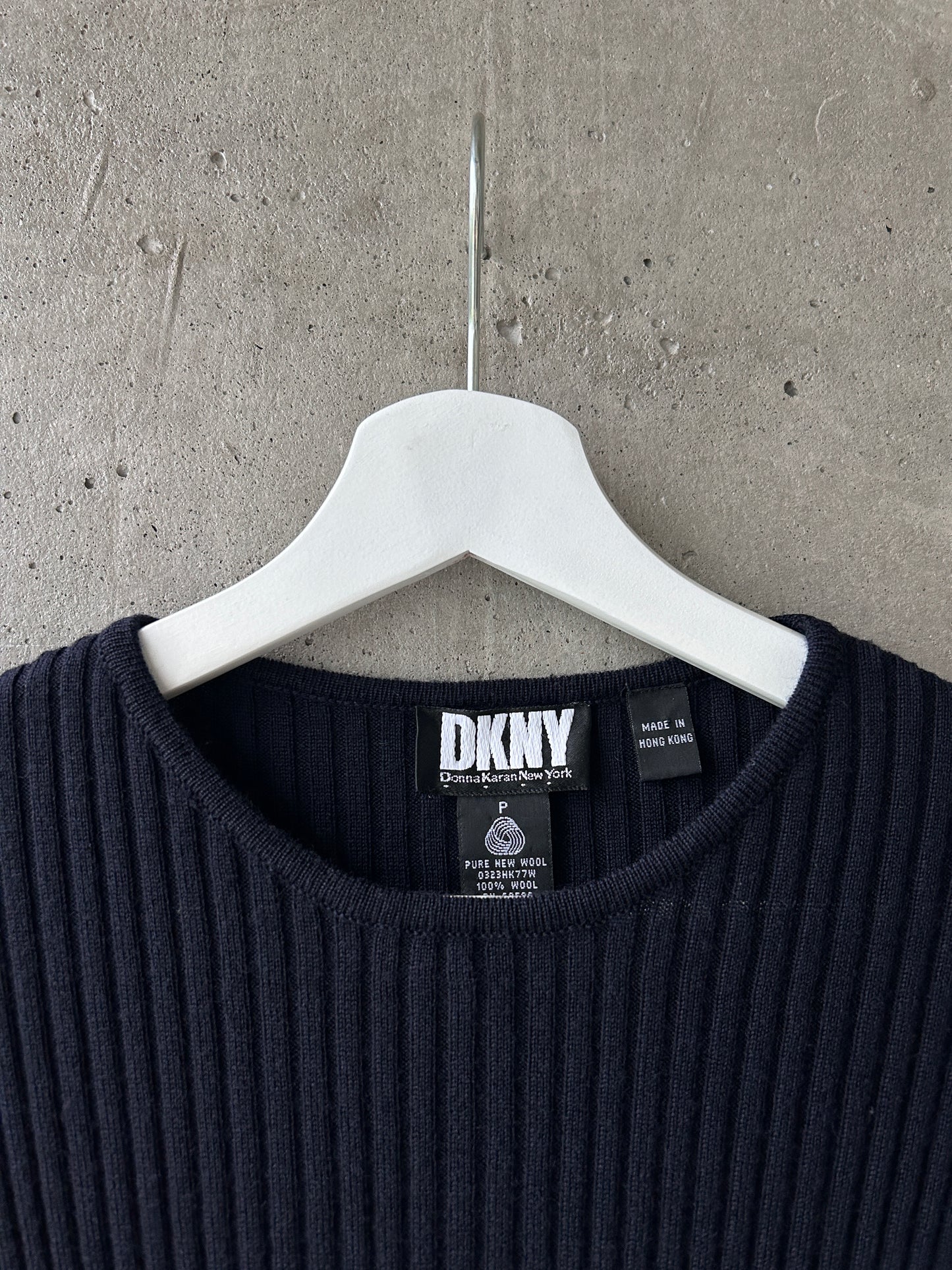 DKNY navy blue wool rib knit long sleeve top