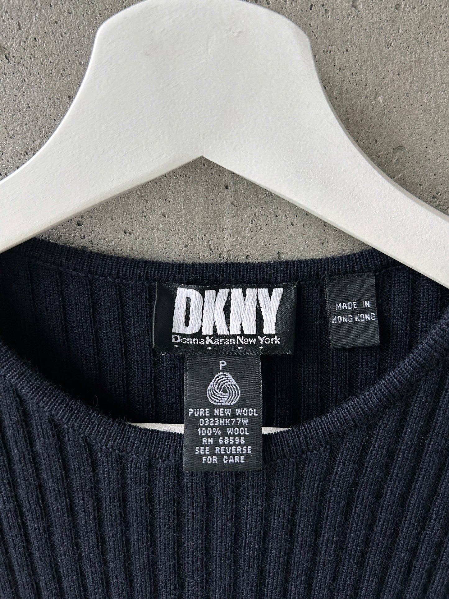 DKNY navy blue wool rib knit long sleeve top