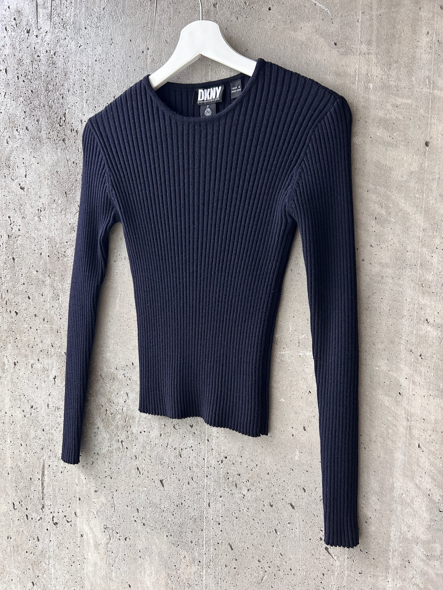 DKNY navy blue wool rib knit long sleeve top