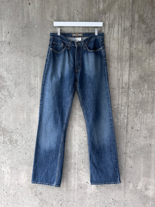 Roots blue mid-dark wash denim straight leg bootcut jeans