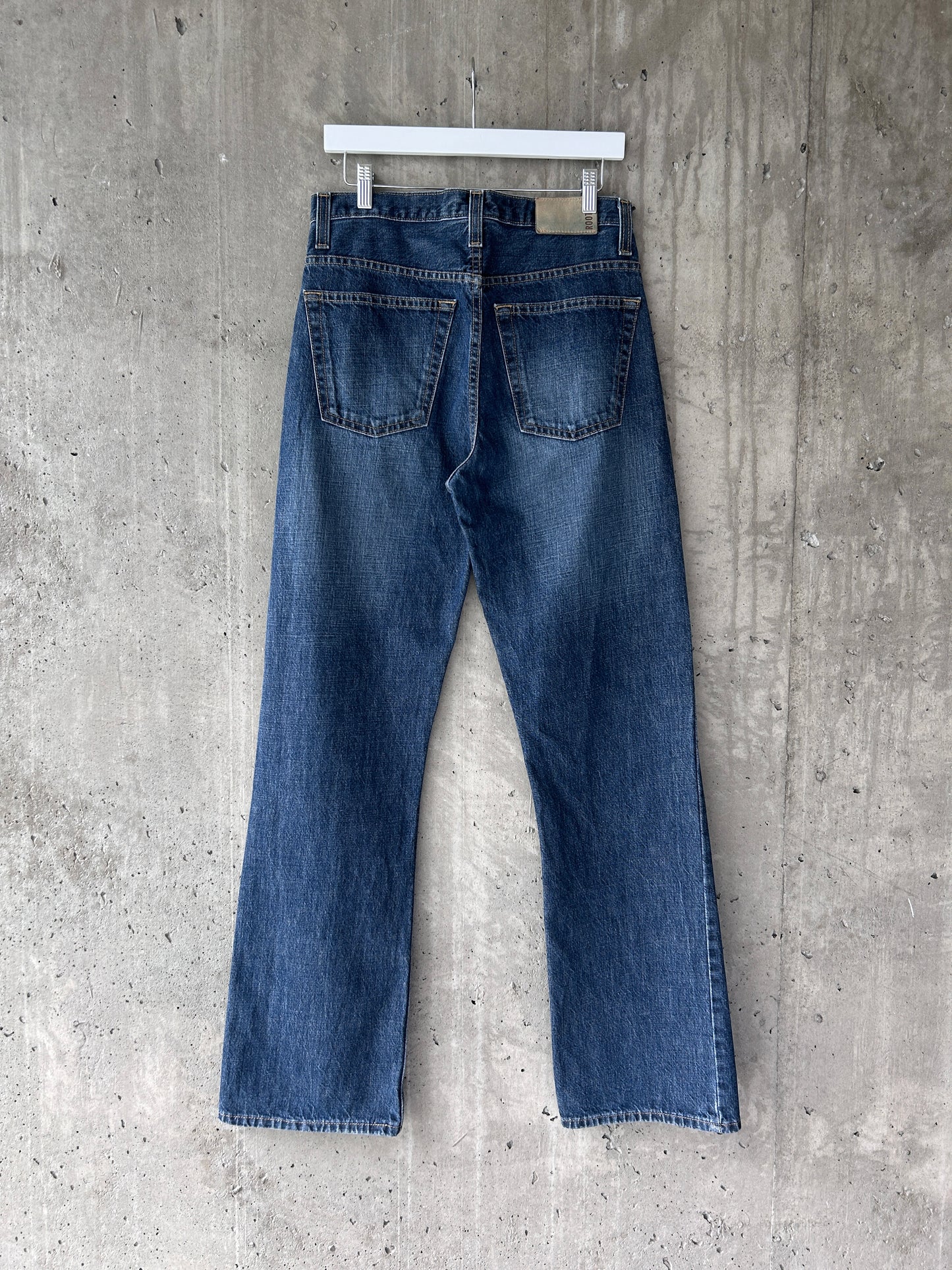 Roots blue mid-dark wash denim straight leg bootcut jeans