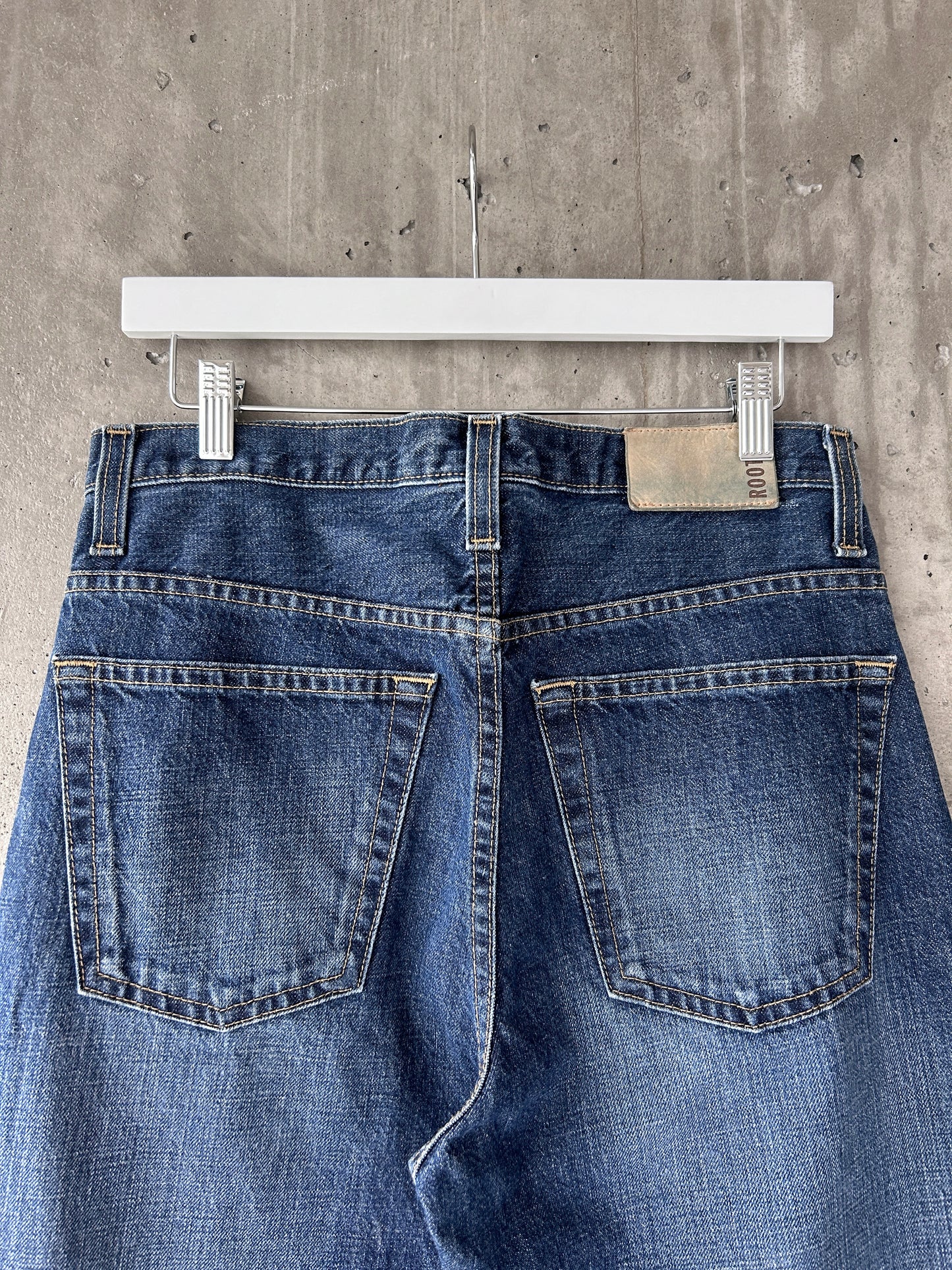 Roots blue mid-dark wash denim straight leg bootcut jeans