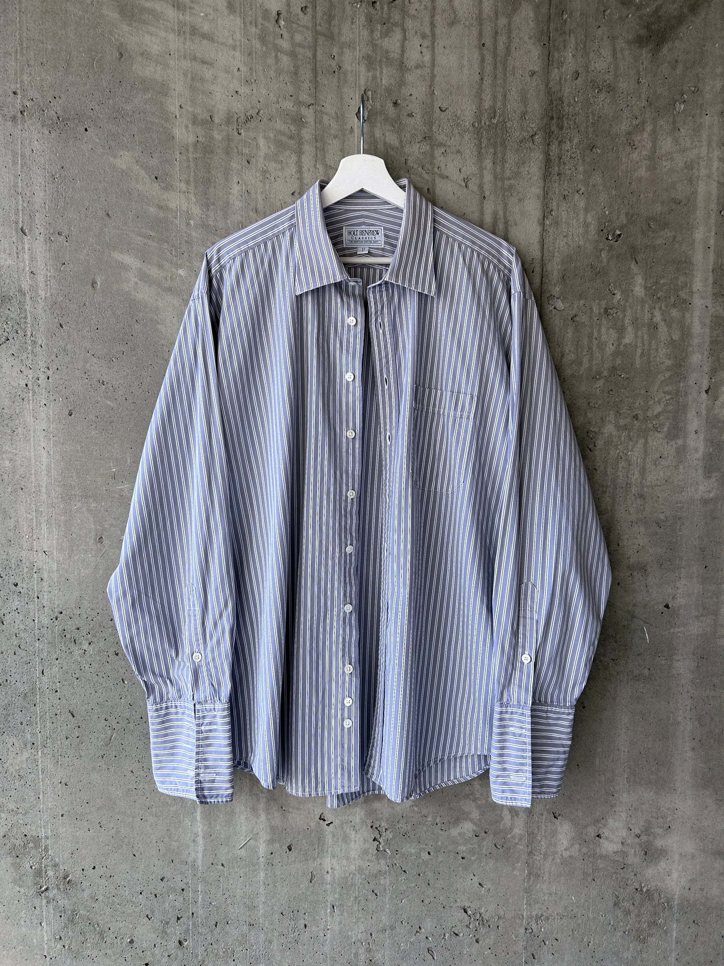 Holt Renfrew grey cotton striped button-up shirt with French cuffs