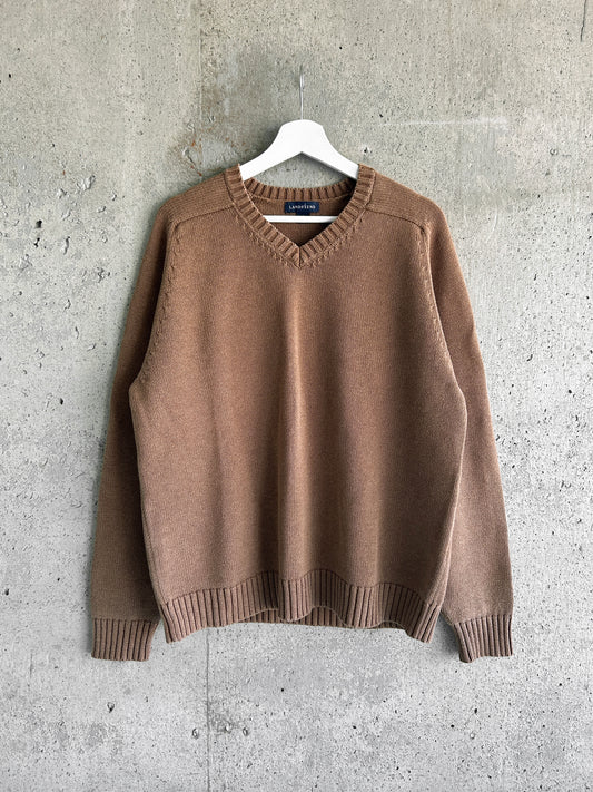 Land's End tan brown cotton knit v-neck sweater