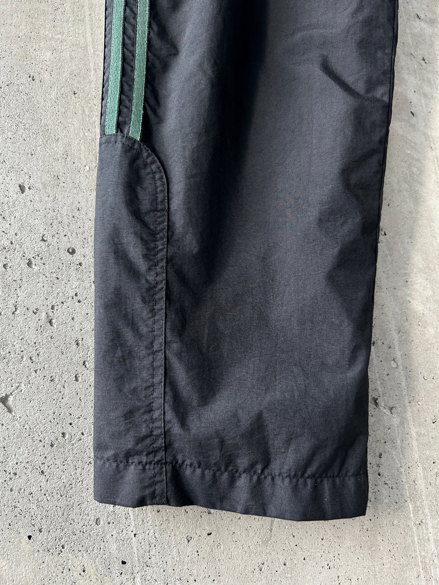 adidas black nylon track pants with green stripes