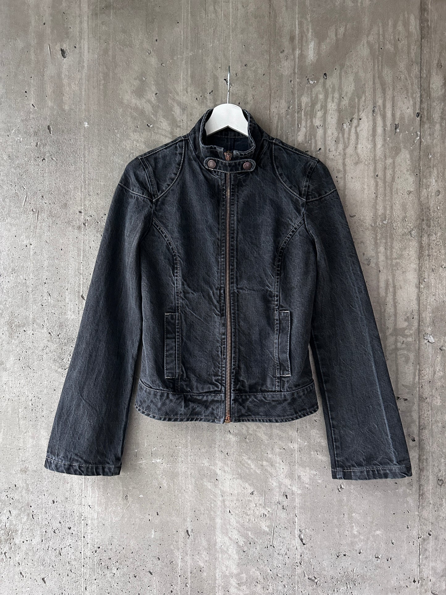 DKNY washed black denim zip-up moto jacket