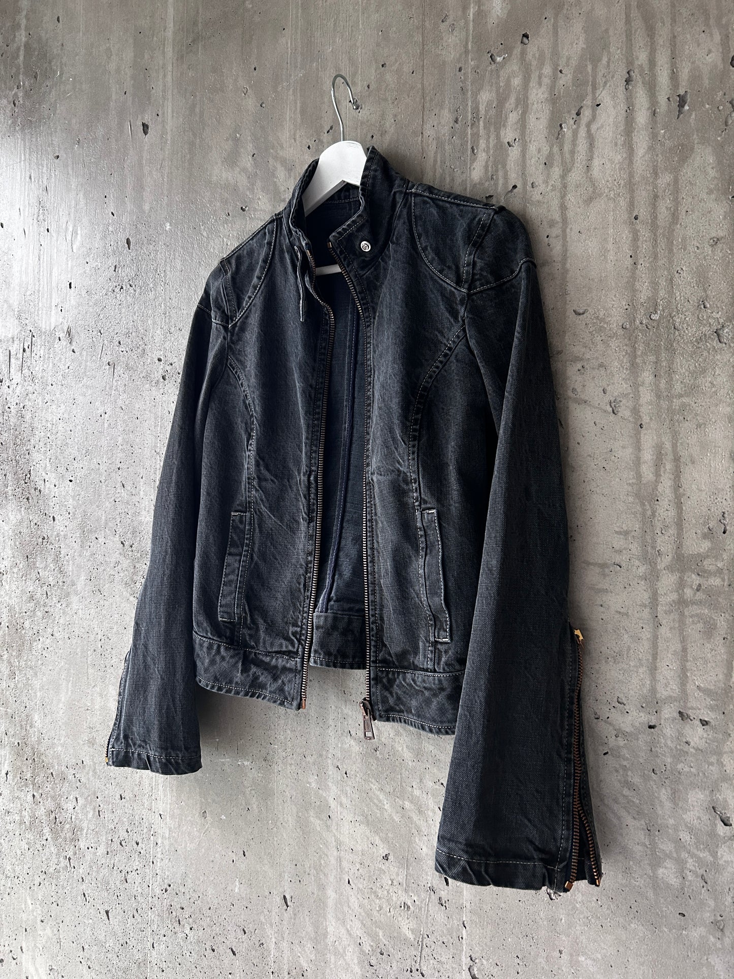 DKNY washed black denim zip-up moto jacket