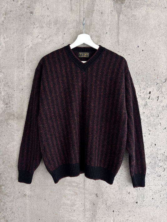Tumi red/black striped wool-alpaca v-neck sweater